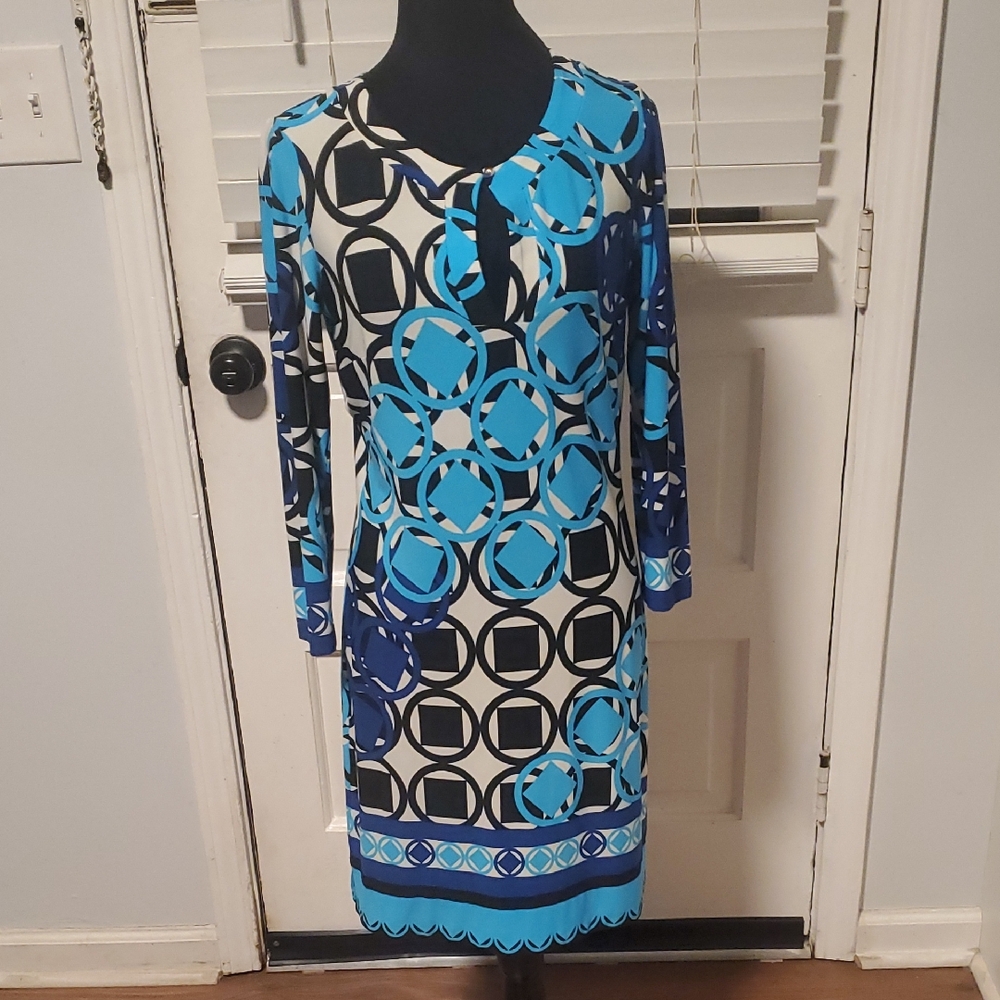 Ali Ro Blue and Navy Geometric Long Sleeve Dress